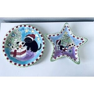 VINTAGE CHRISTMAS CAT & HOLIDAY CERAMIC PLATE  HAND PAINTED HAUSENWARE